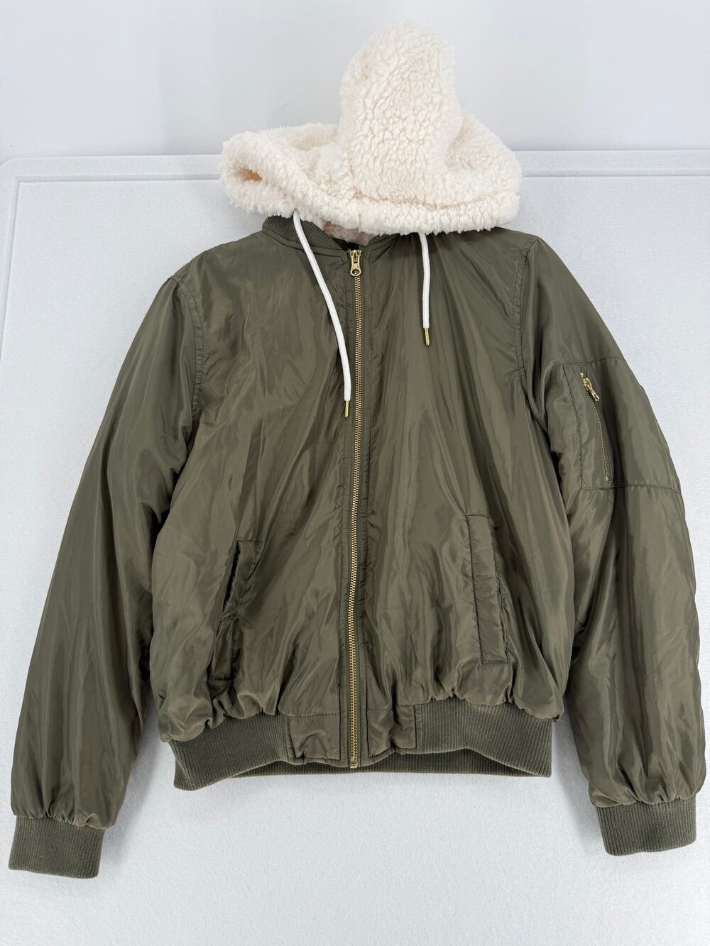 Hurley Women’s M Olive Bomber Jacket Sherpa Detachable Hood NWOT